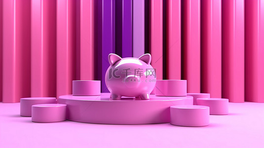 紫罗兰色非常周边舞台基座在充满活力的背景 3D 渲染上展示粉红色存钱罐和圆柱体产品