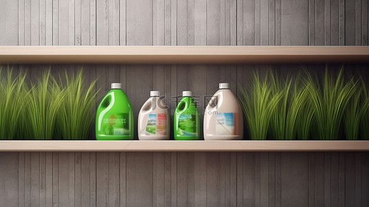 用草架和可持续洗涤剂进行生态友好的清洁和洗涤 3d 渲染