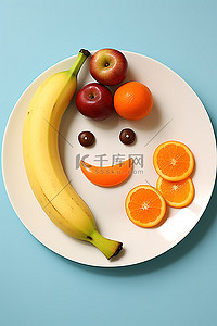 坚果可爱背景图片_一盘水果，包括香蕉苹果胡萝卜和坚果