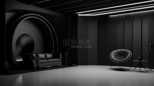 3D 渲染中的空工作室，设有设计师展位和黑色抽象设计