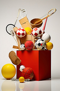 羽毛球背景图片_白色背景上的白色运动箱，包含各种体育用品