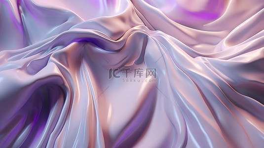 抽象艺术时尚背景，以白色和紫色布料和 3D 渲染中的虹彩全息箔为特色