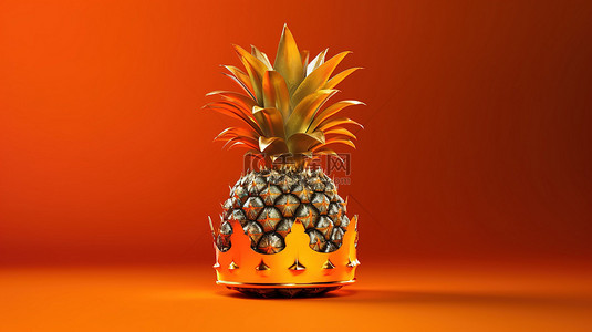 橙色背景下带有金冠的营养菠萝果实的 3D 渲染
