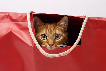 一只猫躲在红色购物袋下