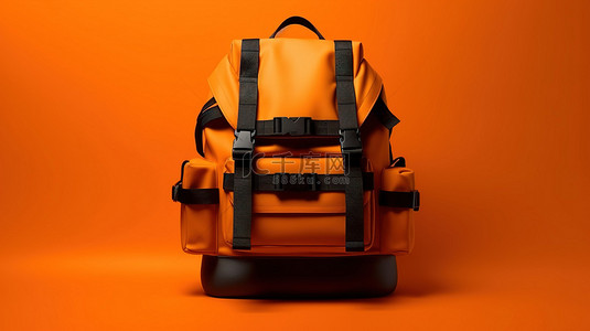 单色背包在充满活力的橙色背景下弹出的 3D 渲染