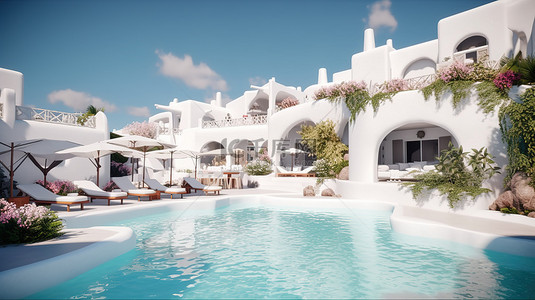 圣托里尼岛豪华海滨酒店和度假村的 3D 渲染，享有令人惊叹的海景