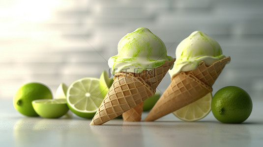 勺背景图片_清爽的石灰冰淇淋勺，配有华夫饼锥和石灰 3D 渲染摄影