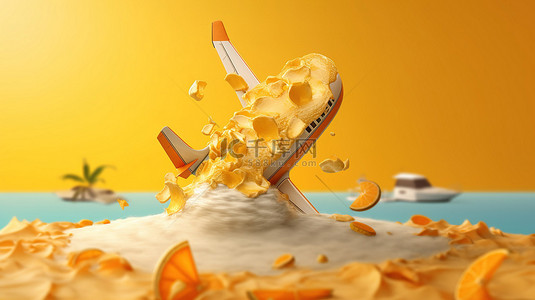 夏天度假背景图片_夏日度假飞机和融化的橙色冰淇淋的 3D 插图