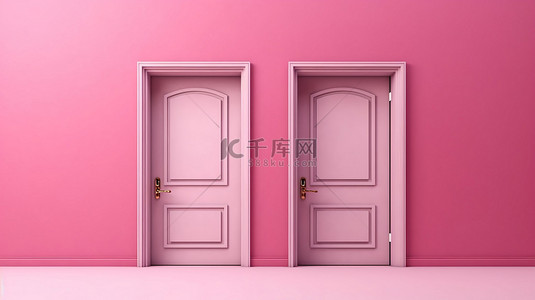 大挑战背景背景图片_粉红色背景，带有 3D 插图，门关闭和打开，带有复制空间