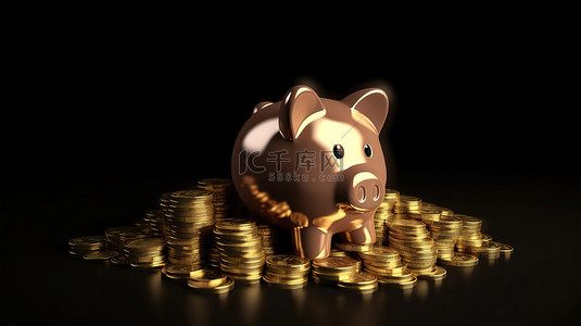 存钱罐钱背景图片_金色储蓄 3D 渲染存钱罐，堆放硬币是储蓄和存钱的象征