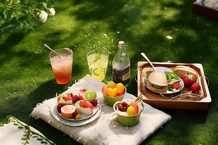 草地上野餐，提供水果和饮料