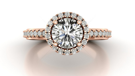 玫瑰金光环订婚戒指的 3D 渲染，配有圆形主石