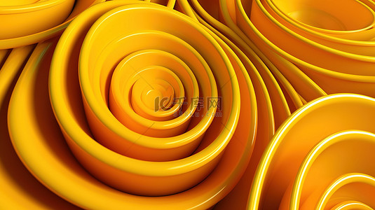 圆管背景图片_3d 抽象扭曲管与黄色同心圆混沌几何插图