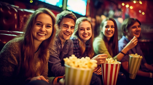 年轻人年轻人背景图片_与爆米花和微笑的朋友一起享受 3D 电影之夜