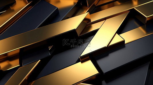 艺术封面背景图片_3D 渲染几何壁纸，带有棱角的黑色和金色设计