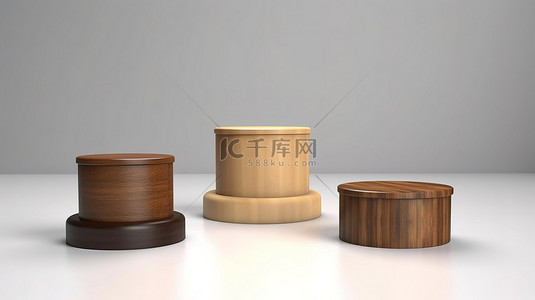 产品展示架在 3D 渲染的木制讲台上