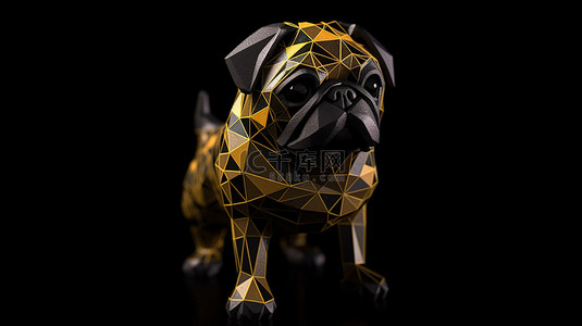 3D 渲染的抽象哈巴狗是黑色背景上任何动物爱好者收藏的完美补充