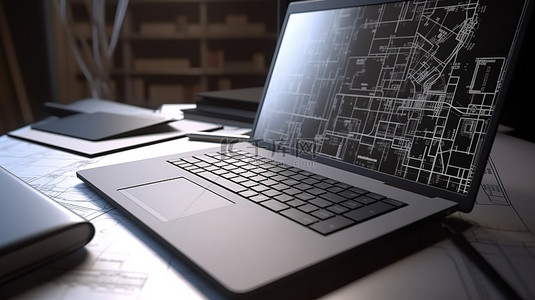 信息公示背景图片_办公室设置 3D 渲染笔记本电脑，显示图形