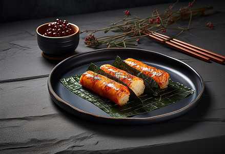 两片泡菜包在叶子里，放在筷子旁边的盘子里