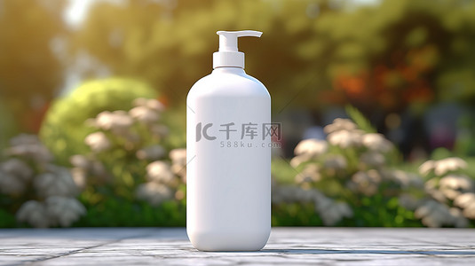 宁静花园环境中的有机美容产品带空白标签的白色洗发水瓶 3D 渲染