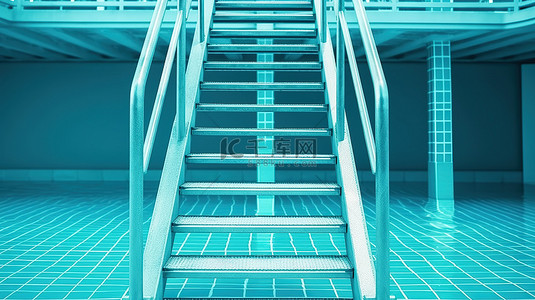 简单双色背景图片_3D 渲染双色调风格游泳池梯子蓝色