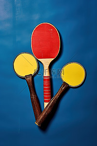 蓝色表面上的两个网球拍和一个网球