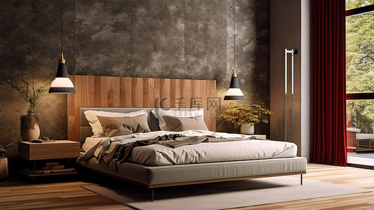 3D 渲染的卧室空间，配有床和台灯内部