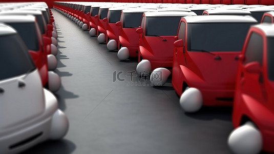 白色货车背景图片_在 3D 渲染的白色货车海洋中，一辆孤独的红色货车