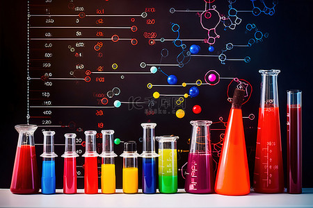 科学板周围的几个彩色试管和瓶子
