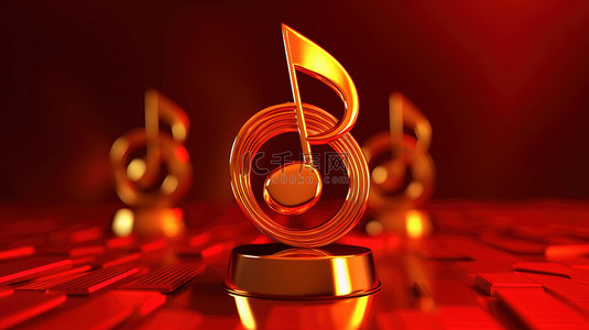 金色音乐奖的 3D 渲染，在充满活力的红色背景上附有注释