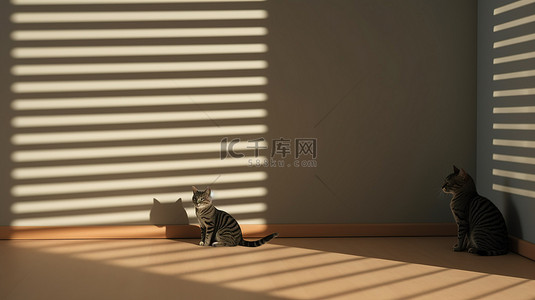 猫的影子投射在带百叶窗的 3D 渲染墙上