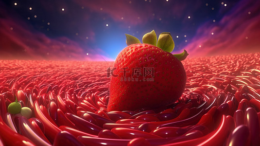 甜点世界背景图片_3d 渲染中的卡通草莓宇宙
