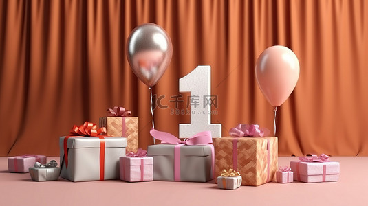 岁生日背景图片_3D 渲染气球和礼品盒庆祝 11 岁生日