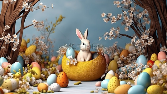 装饰草背景图片_欢快的 3D 插图中的节日复活节兔子装饰