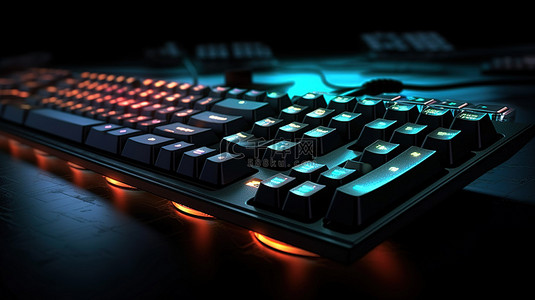 带有游戏装备的黑色背景上流媒体工作区电脑键盘的 3D 渲染