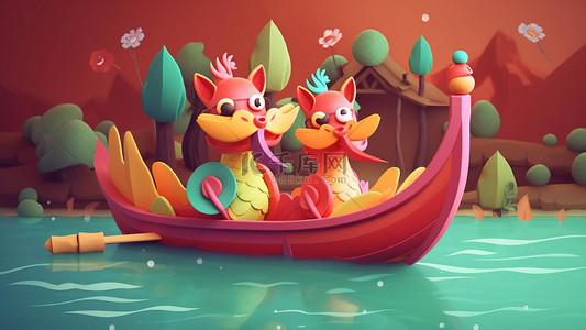 可爱的粽子背景图片_端午节水上龙舟红色的船