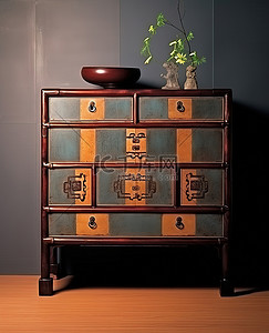 棕色装饰背景图片_蓝色和棕色的传统中式抽屉柜