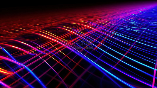 带有激光线和红色和蓝色发光效果的彩色网格的 3D 插图