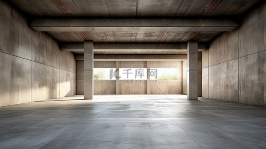 混合媒体 3D 渲染水泥结构墙体建筑外部与空混凝土地板的透视图