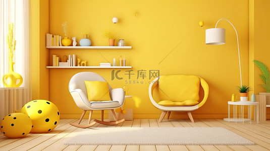黄色模型背景图片_以 3D 渲染的儿童房内部充满活力的黄色模型