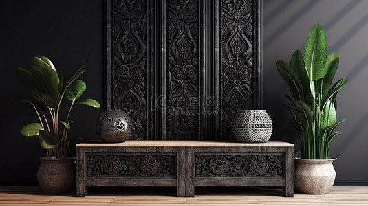 波西米亚风格的室内 3D 渲染和插图，包括木凳和带有复杂图案的橱柜