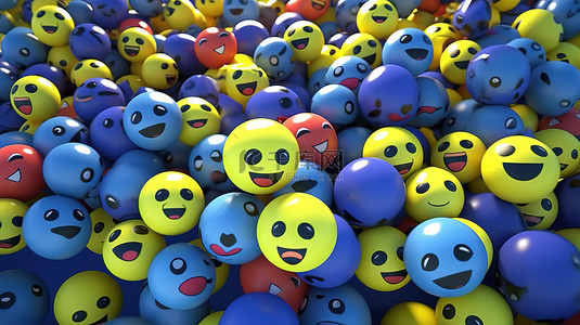 3D 渲染的 Facebook 反应表情符号的气球符号，具有社交媒体的标志性 Facebook 图案