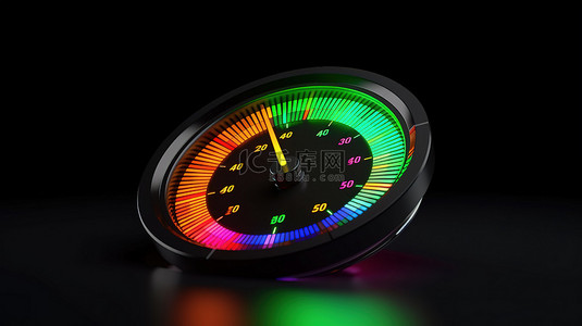 充满活力的车速表图标，带有 3D 插图和彩色测量指针