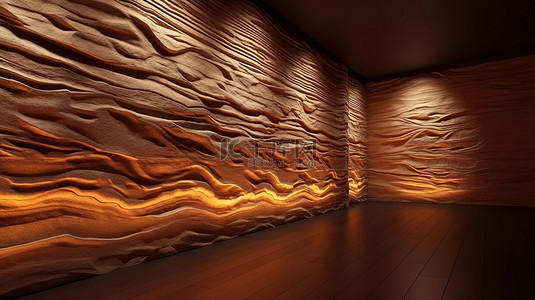 创意背景海报背景图片_3d 渲染砂岩墙上的辐射灯照亮的木板