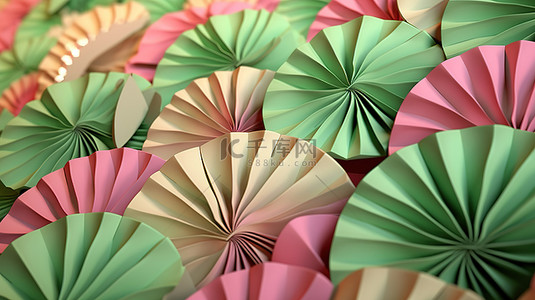 红折扇背景图片_浅绿色和粉色风扇作为背景的 3D 渲染