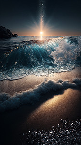 蓝色金沙背景背景图片_日出沙滩海浪美丽背景