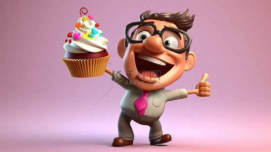 人物形象活泼背景图片_活泼的 3D 卡通人物享受纸杯蛋糕