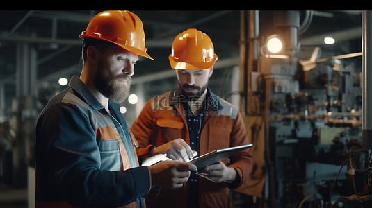 穿着正式的工业工程师戴上安全帽，与工人合作制作机器零件的 3D 草图