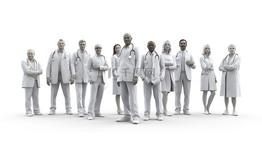 医疗健康工作人员背景图片_具有剪切路径的医生组的孤立 3D 插图