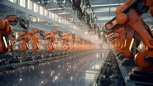生产控制背景图片_工厂自动化是一个具有 3D 渲染机器人控制和机器人装配线的未来概念